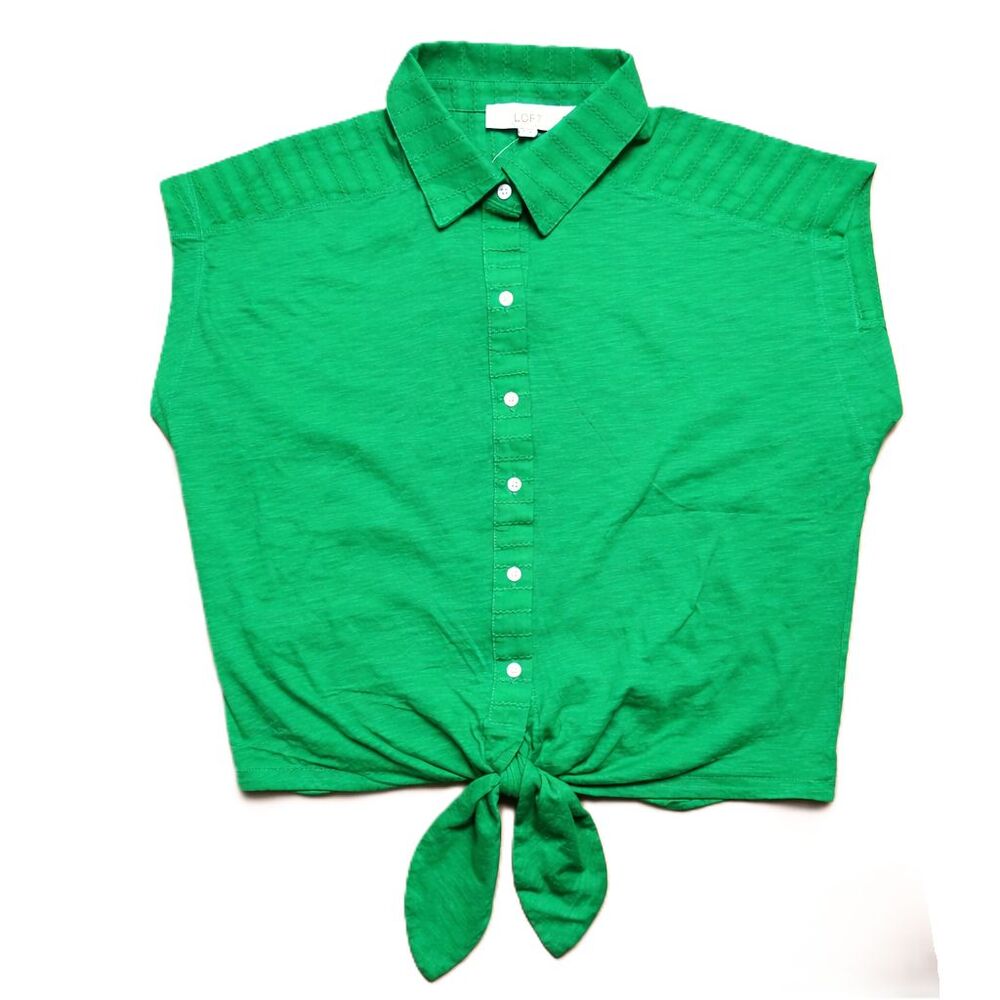 Loft XS Green Tie Front Button Up Blouse Cap Sleeve Textured Cotton Top